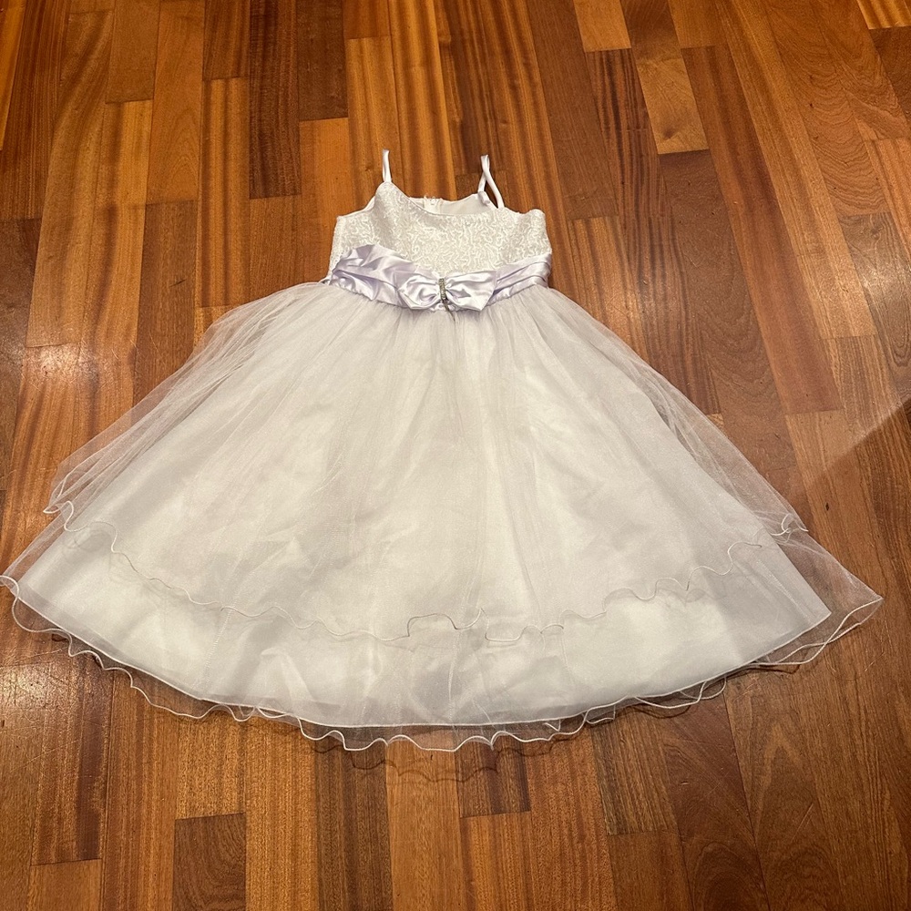 Childrens white, tulle skirt, lace/sequence, satin bow with rhinestone detail